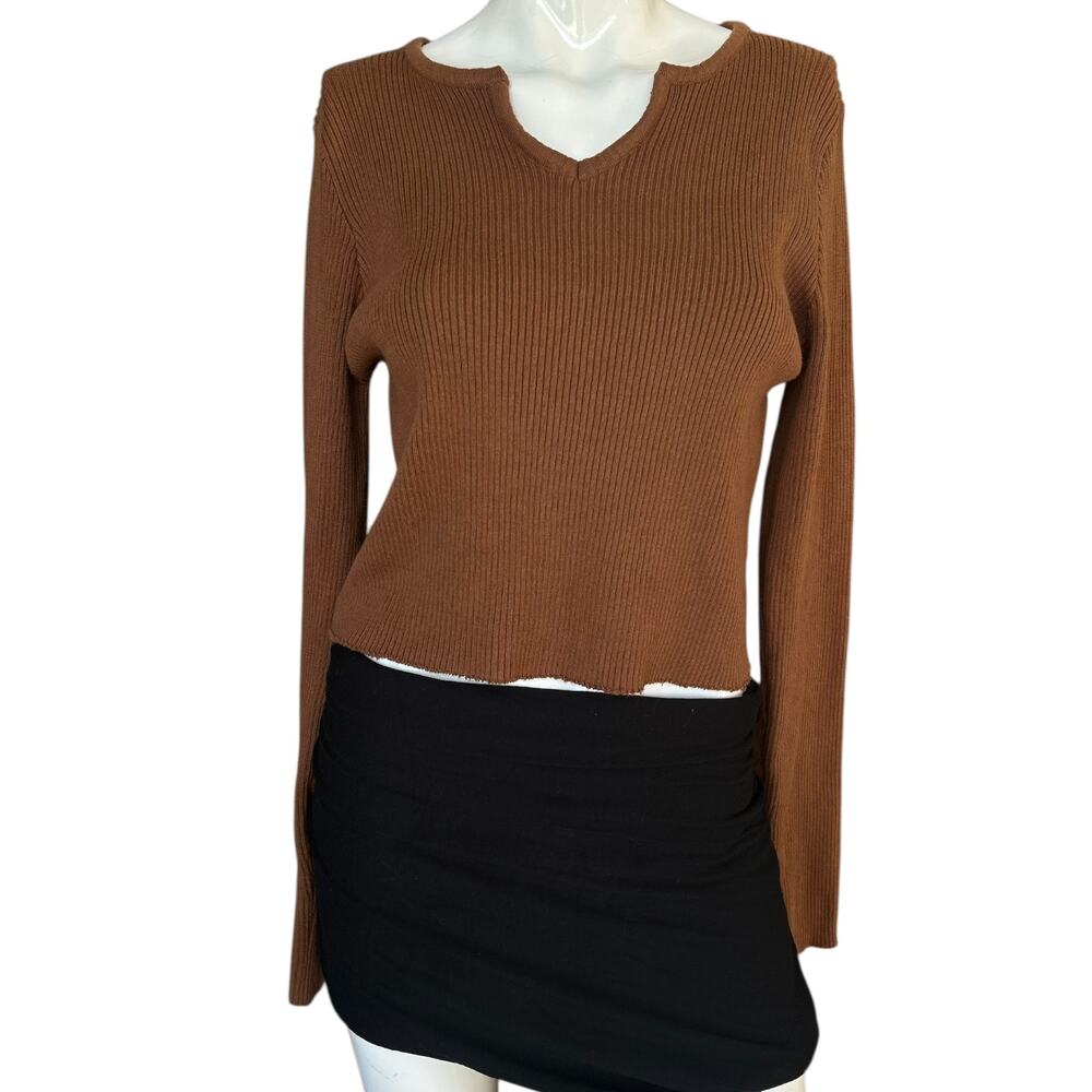 Forever 21 Brown Ribbed Long Sleeve Crop Top V-Notch Neck Size L